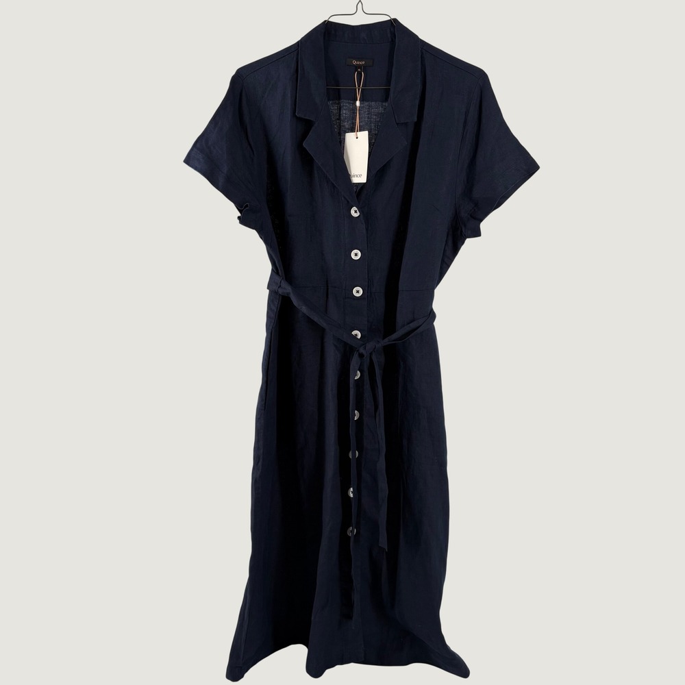 Quince Shirt Dress Womens XL Navy Blue 100% Linen Short Slv Midi Belted Pocket